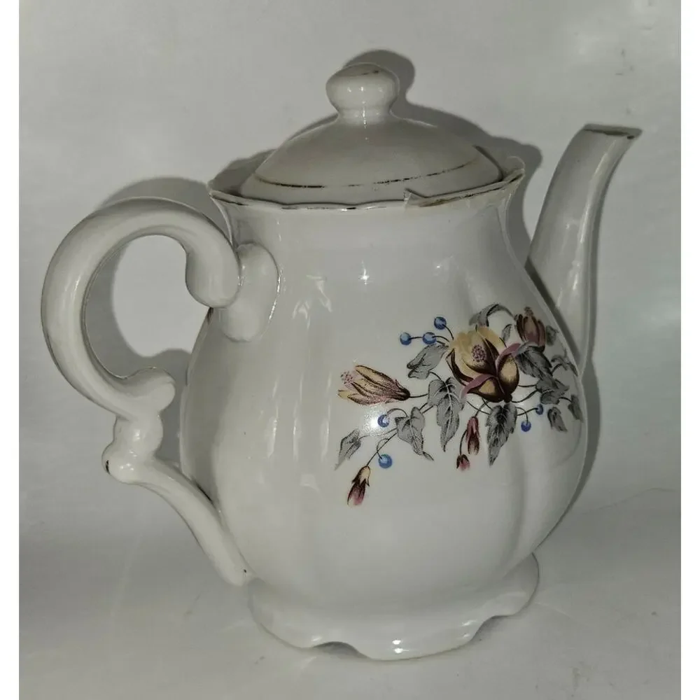 Vintage Floral Porcelain Coffee Pot Teapot Scroll Handle Lidded White China